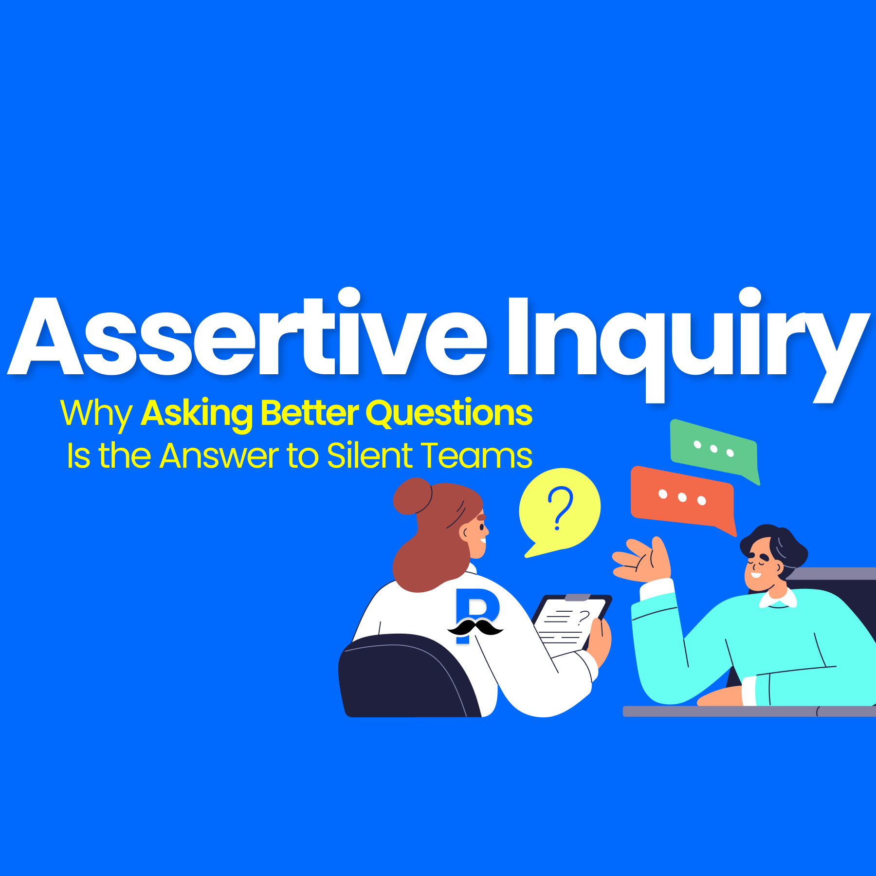 Illustration of a workplace conversation showing assertive inquiry, with two team members exchanging questions and ideas to encourage open dialogue in a silent team.
