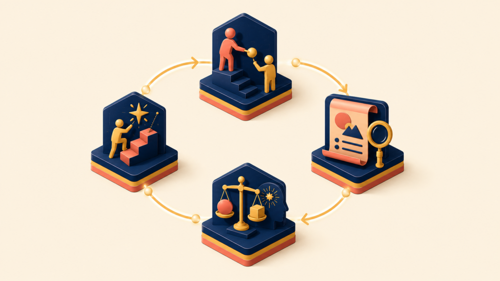 Circular workflow illustrating delegation description discernment and diligence