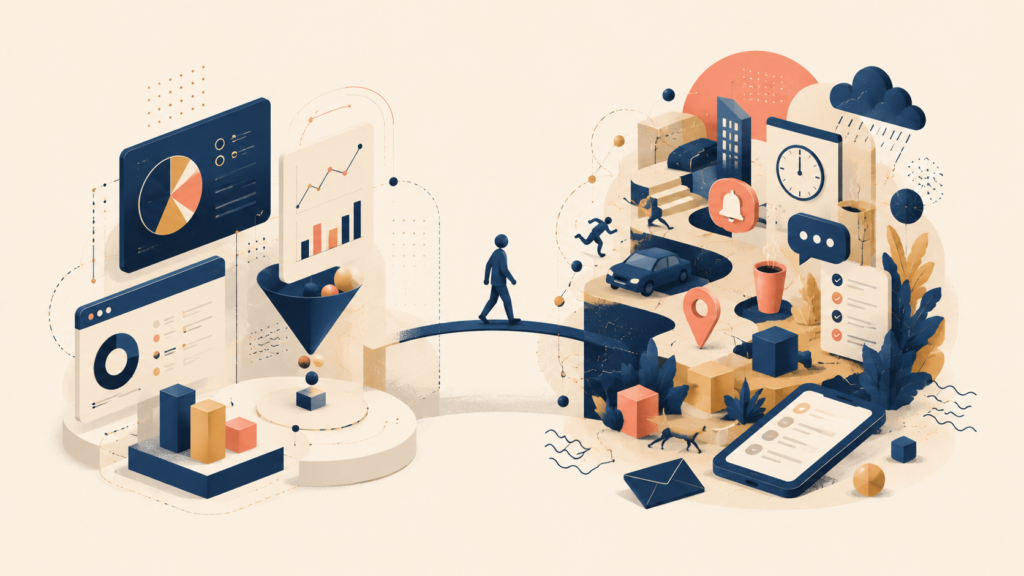 Analytics dashboard contrasted with real-world user context and behavior