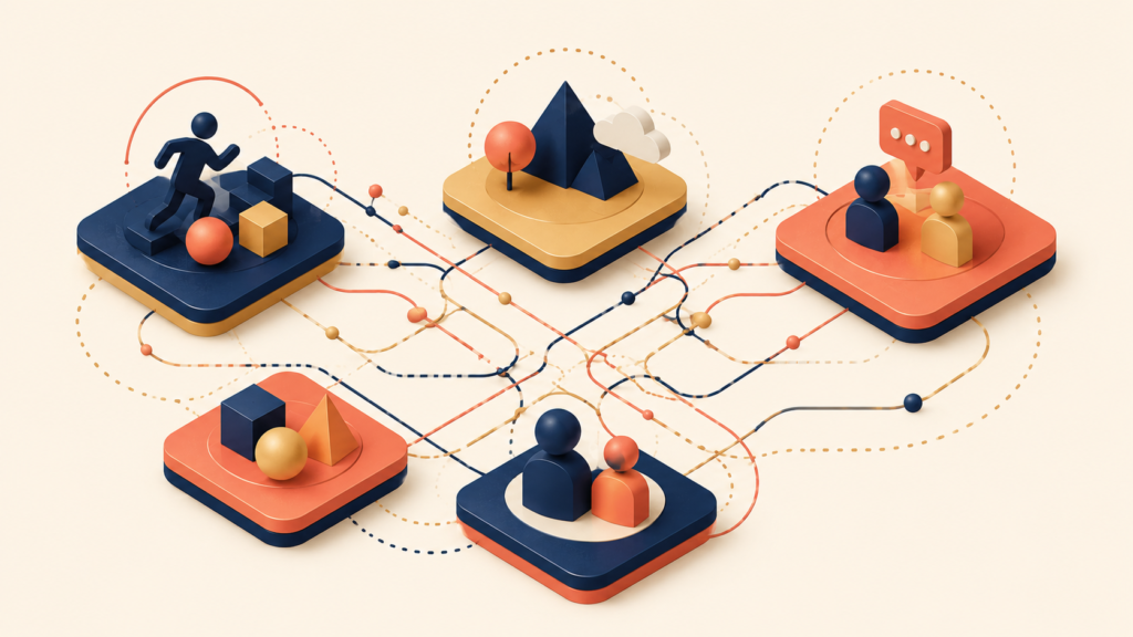 Connected contextual elements showing how UX research insights emerge between categories