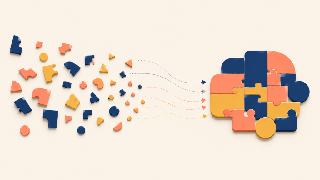 Scattered research fragments combining into a shared understanding map