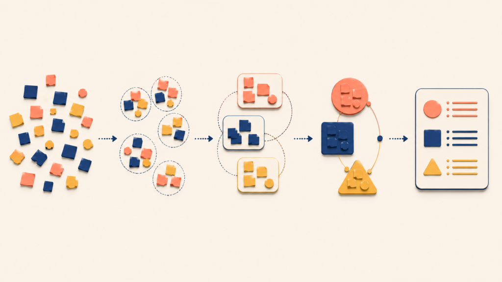 Five-stage progression from raw research notes to synthesized insight