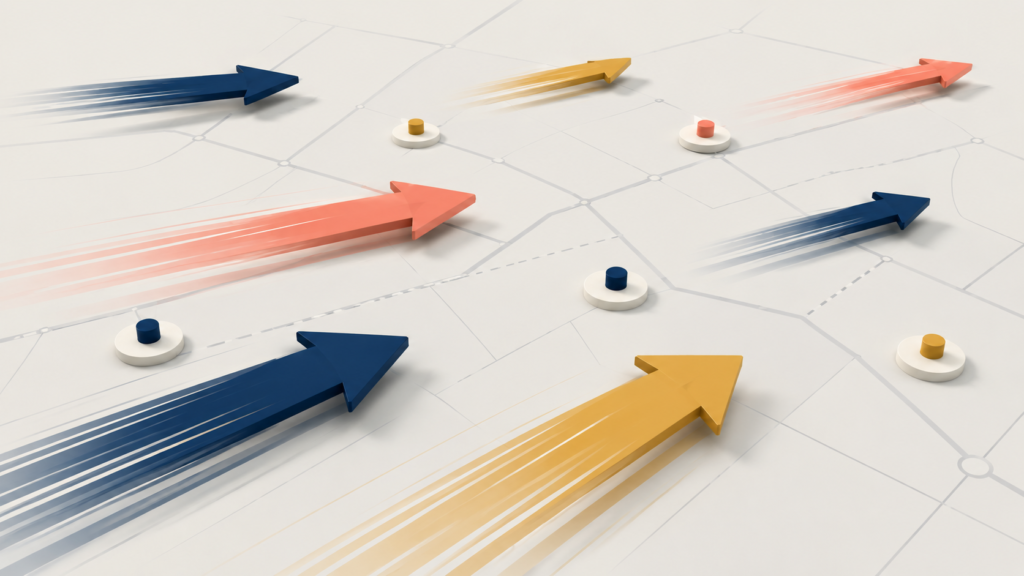 Fast-moving arrows overshooting destinations without a clear route