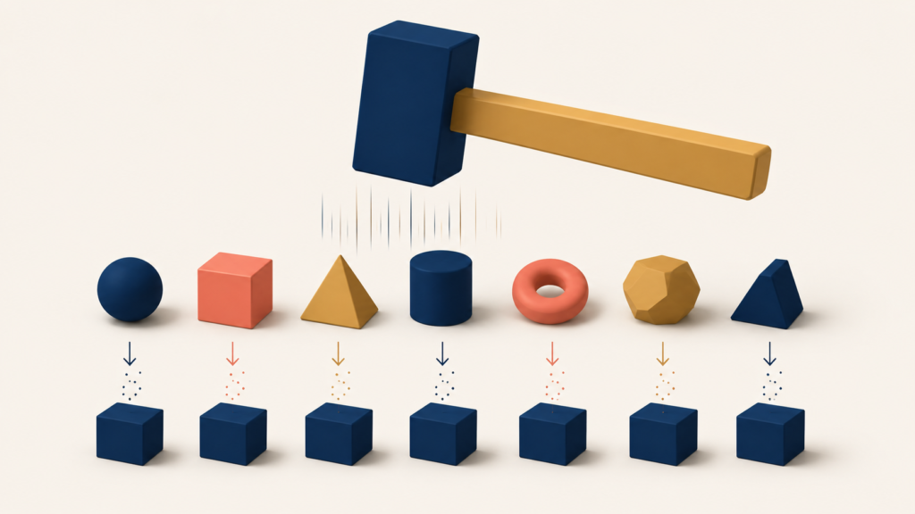 Abstract hammer transforming every object into the same AI-shaped problem