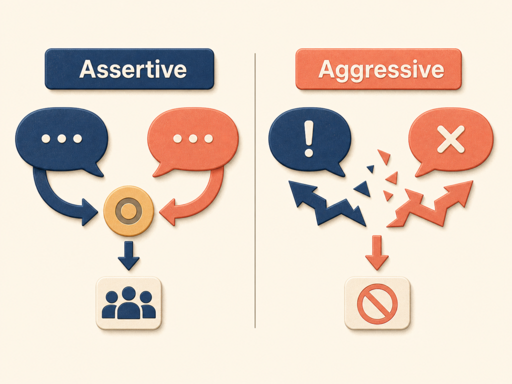 Comparison diagram contrasting assertive inquiry and aggressive questioning