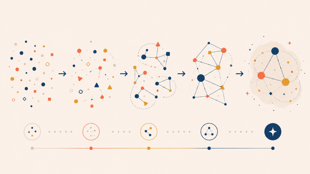 Scattered information points becoming meaningful connected patterns