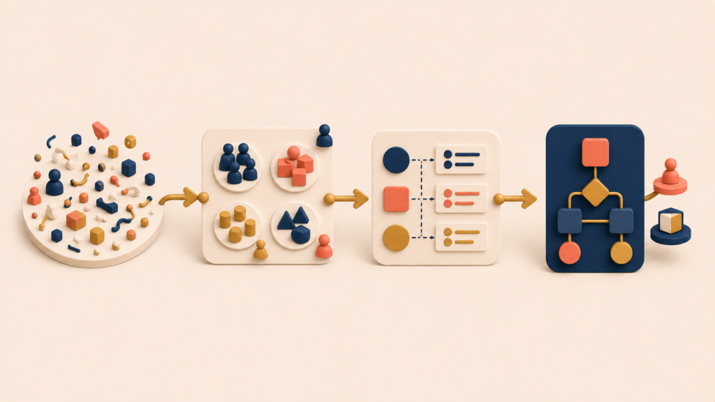 Workflow models, affinity groupings, and storyboard sequences connected as research artifacts