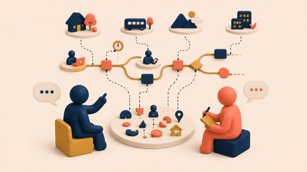 Four-stage progression from observation to solution definition in contextual design