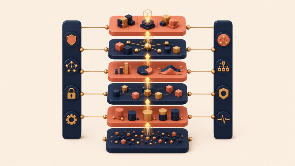 Layered capability stack showing data flow from sources to consumption