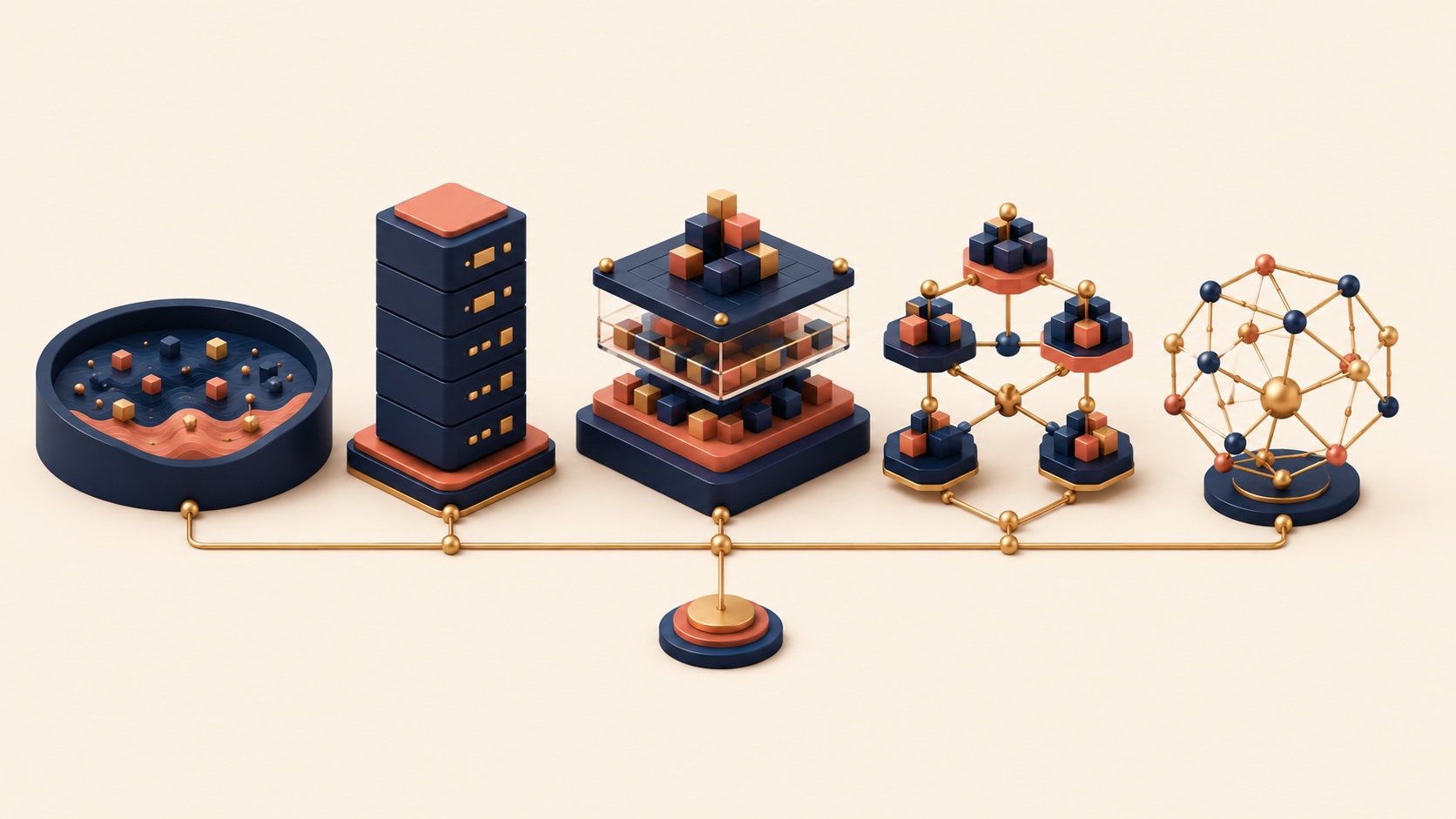 Five connected data architecture archetypes arranged in a layered system
