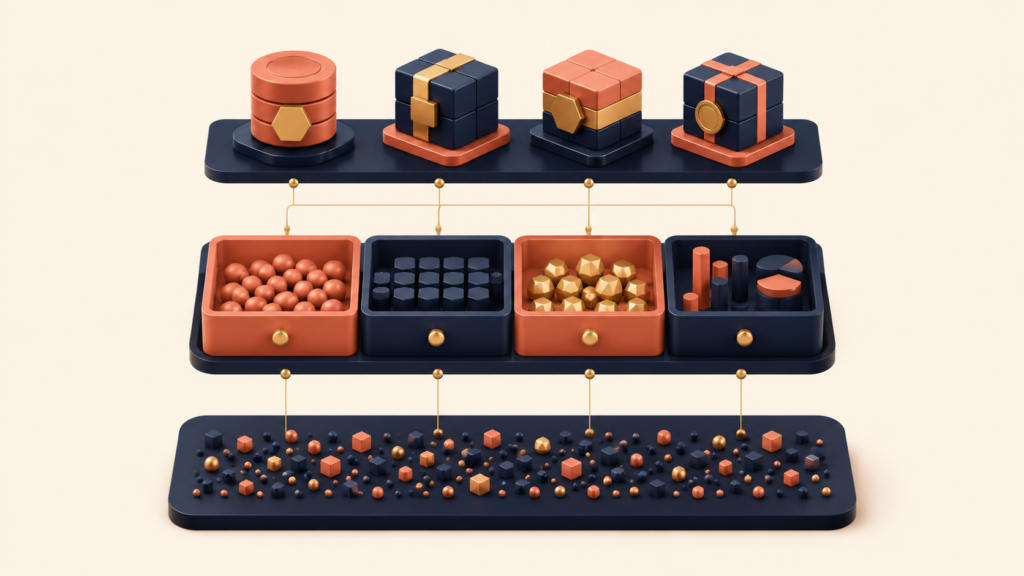 Three-layer structure connecting data elements domains and products
