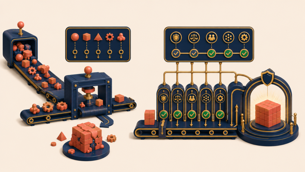 Comparison between simple object assembly and rule-based domain creation