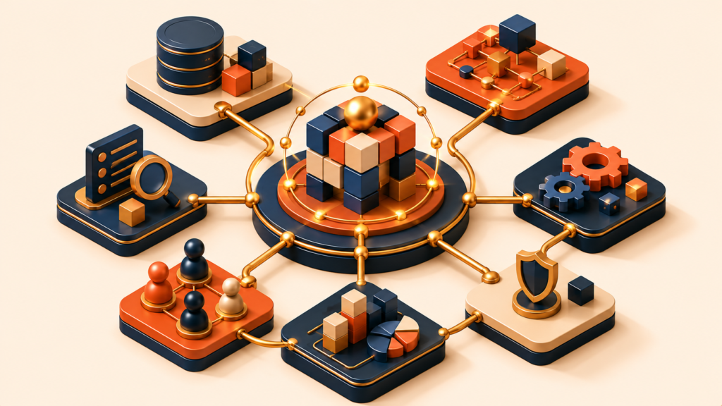 Connected modular building blocks representing the structure of a domain model
