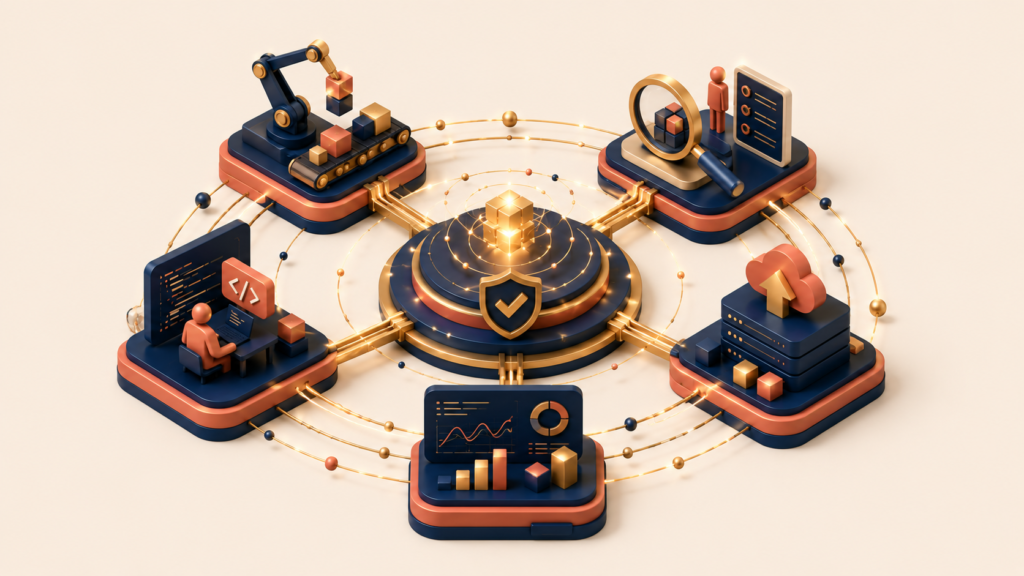 Five interconnected continuous delivery principles supporting stable deployment