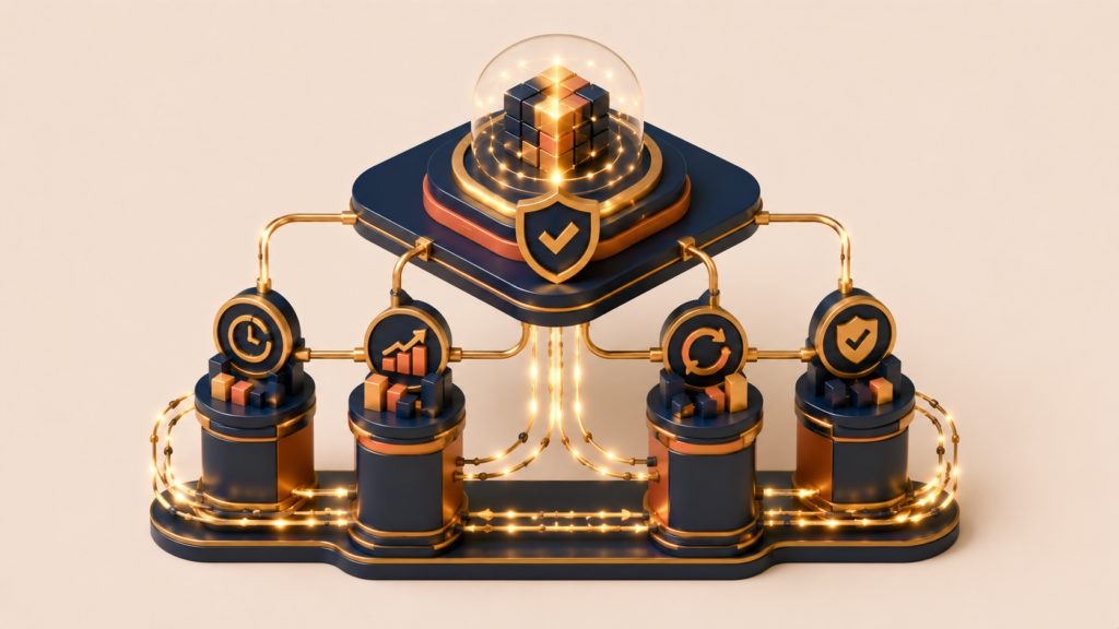 Four connected DevOps performance metrics operating as a balanced system