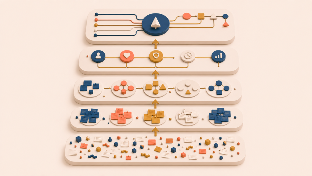 Large collection of disconnected UX research observations without decision structure