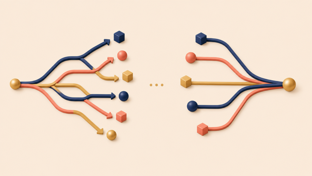 Two contrasting interview flows representing divergent and convergent discovery
