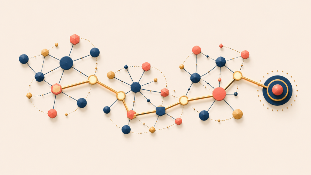 Connected reasoning chain illustrating multi-hop retrieval across knowledge nodes