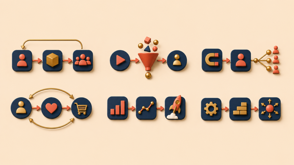 Six connected growth equation patterns for different digital product categories