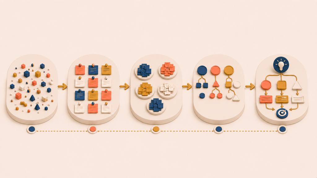 Five sequential stages of affinity diagram construction from observation to insight