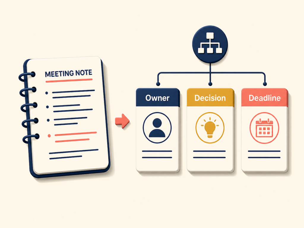 Meeting notes converted into owners decisions and deadlines