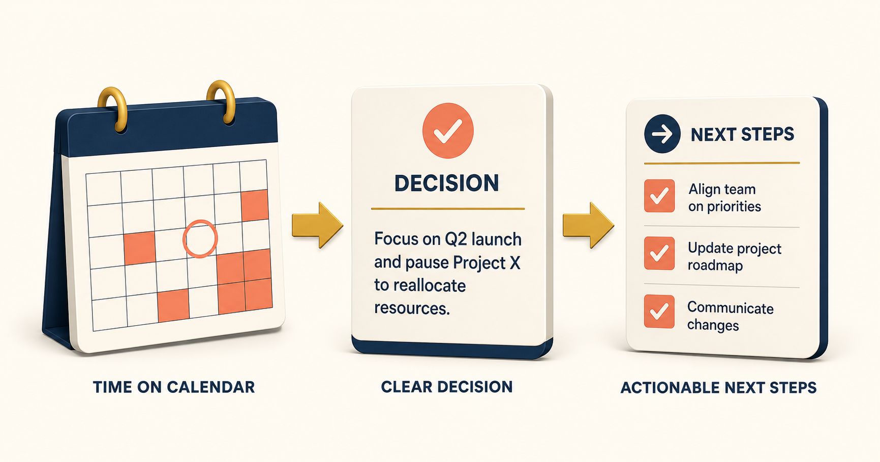 Calendar time transformed into decisions and next steps