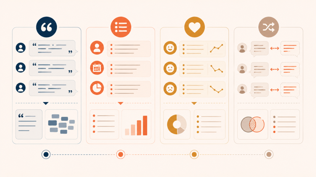Four categories of customer interview notes organized into structured insight capture