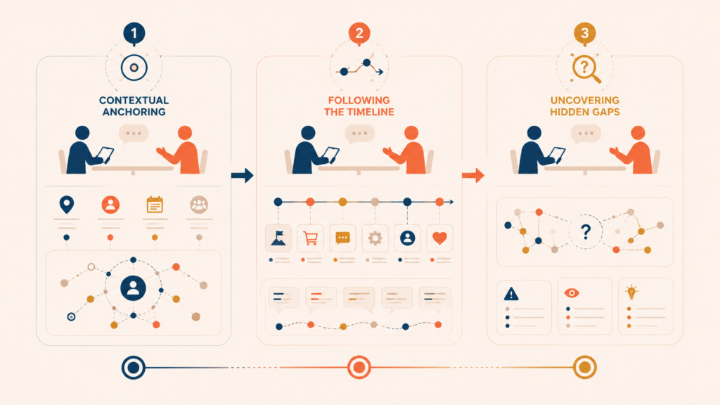 Three-stage interview flow moving from context to hidden behavioral insight