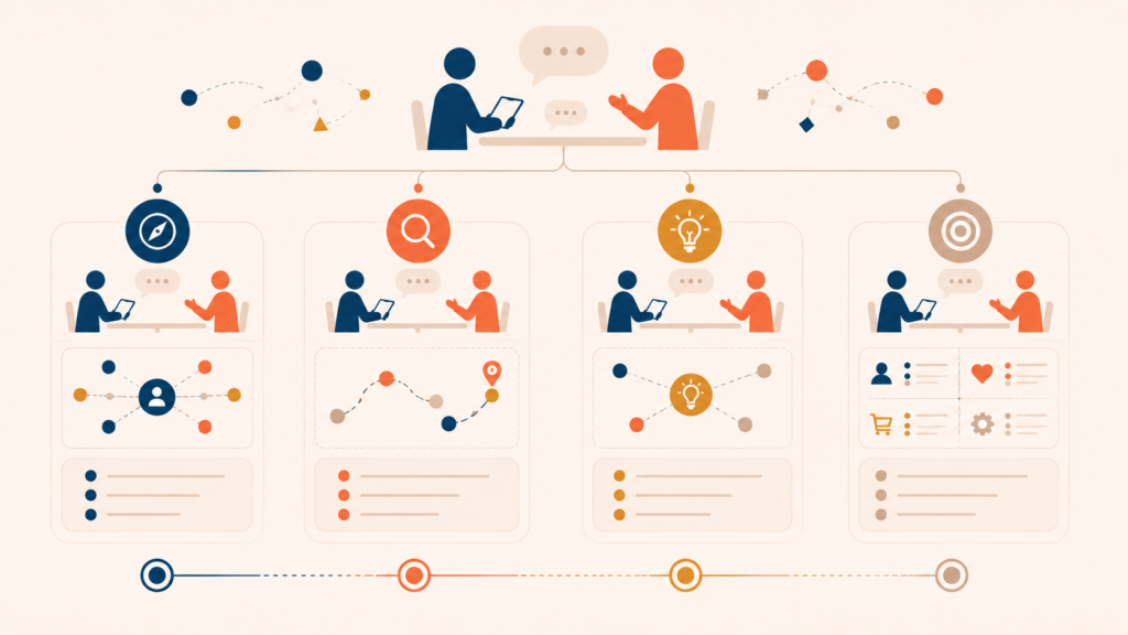 Structured categories of customer interview questions organized by research intent