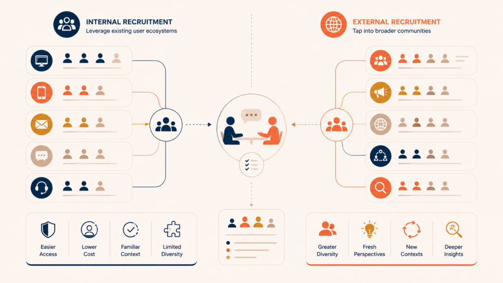 Internal and external recruitment channels organized for user research sourcing