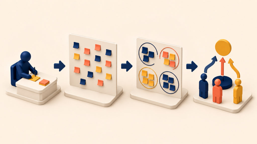 Four-step visual flow of a KJ workshop from silent capture to decisions