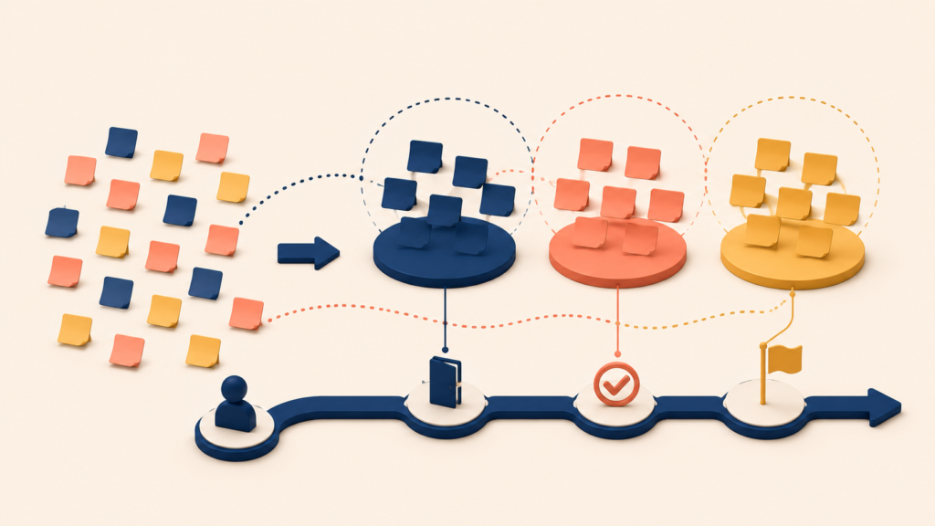 Grouped sticky-note clusters revealing onboarding problems during product discovery