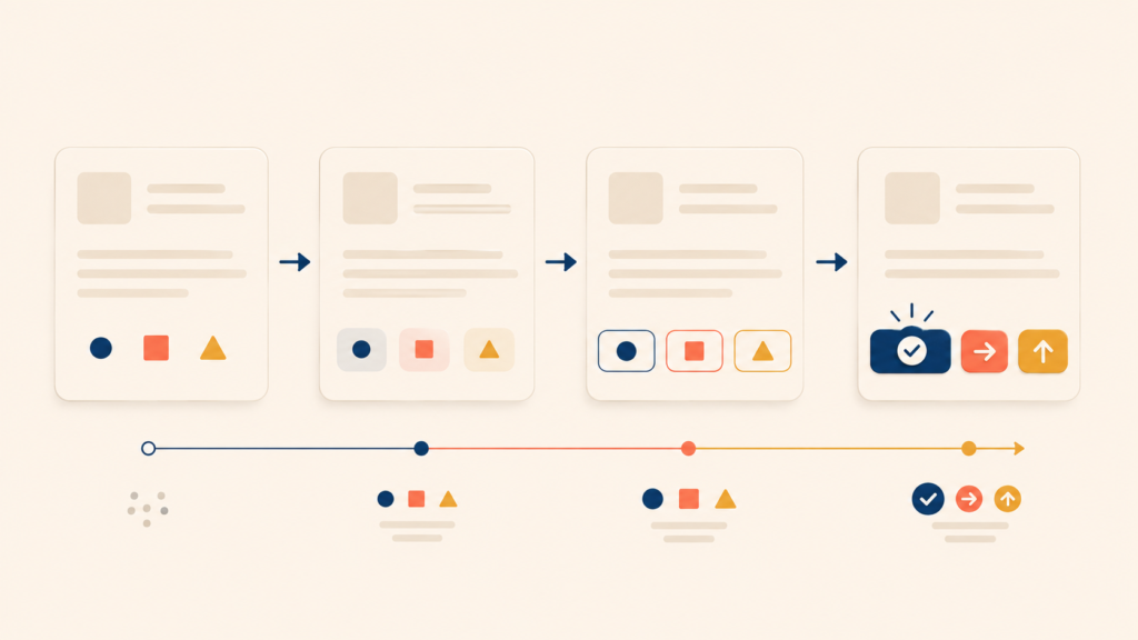 Abstract buttons transforming from vague actions into clear outcomes