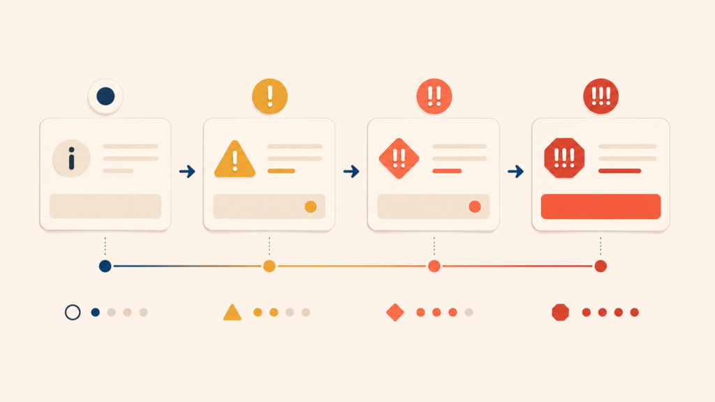 `Different interface warning states representing increasing severity levels