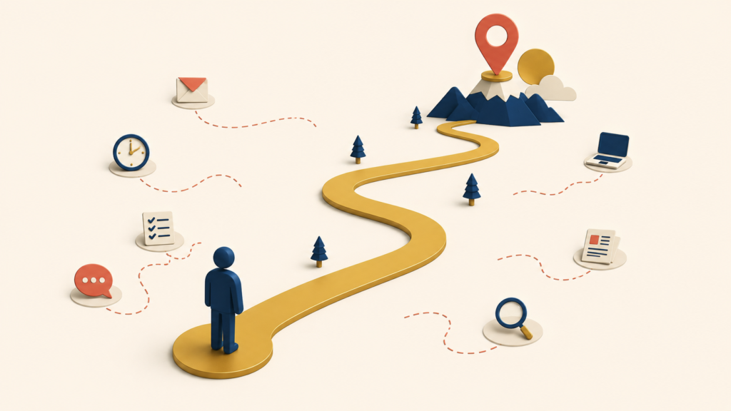 Destination marker contrasted with disconnected task icons