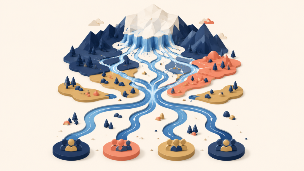 Abstract river system showing how OKRs cascade through organizational levels