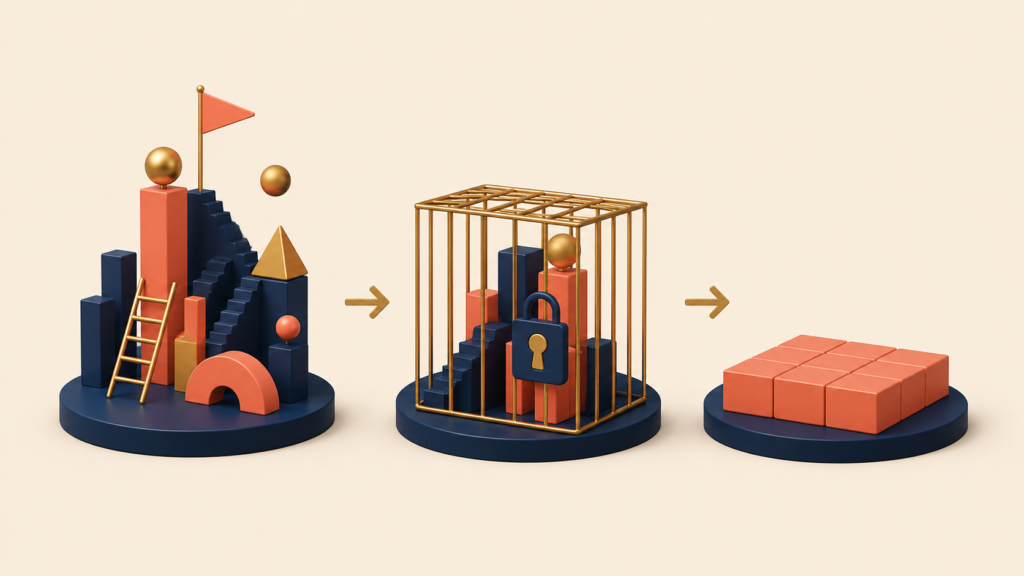 Three-stage sequence showing declining ambition after OKRs become tied to compensation
