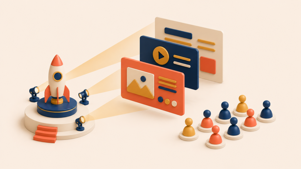 Spotlight and announcement elements symbolizing coordinated product launch marketing