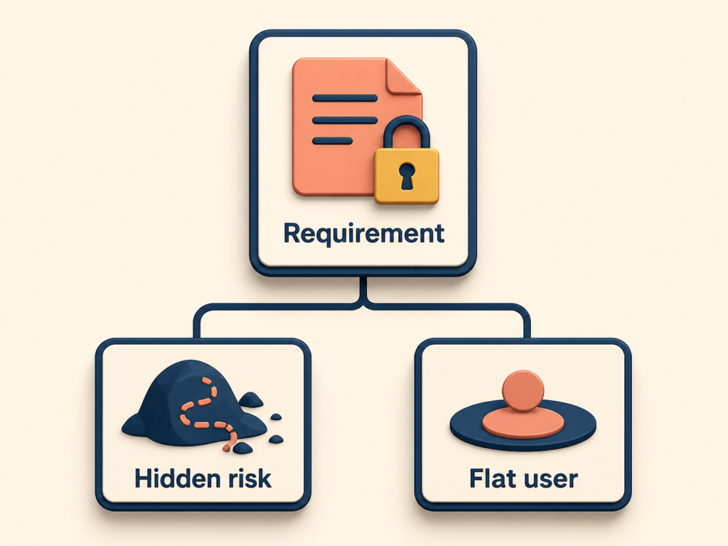Locked requirements branching into hidden risk and flattened users