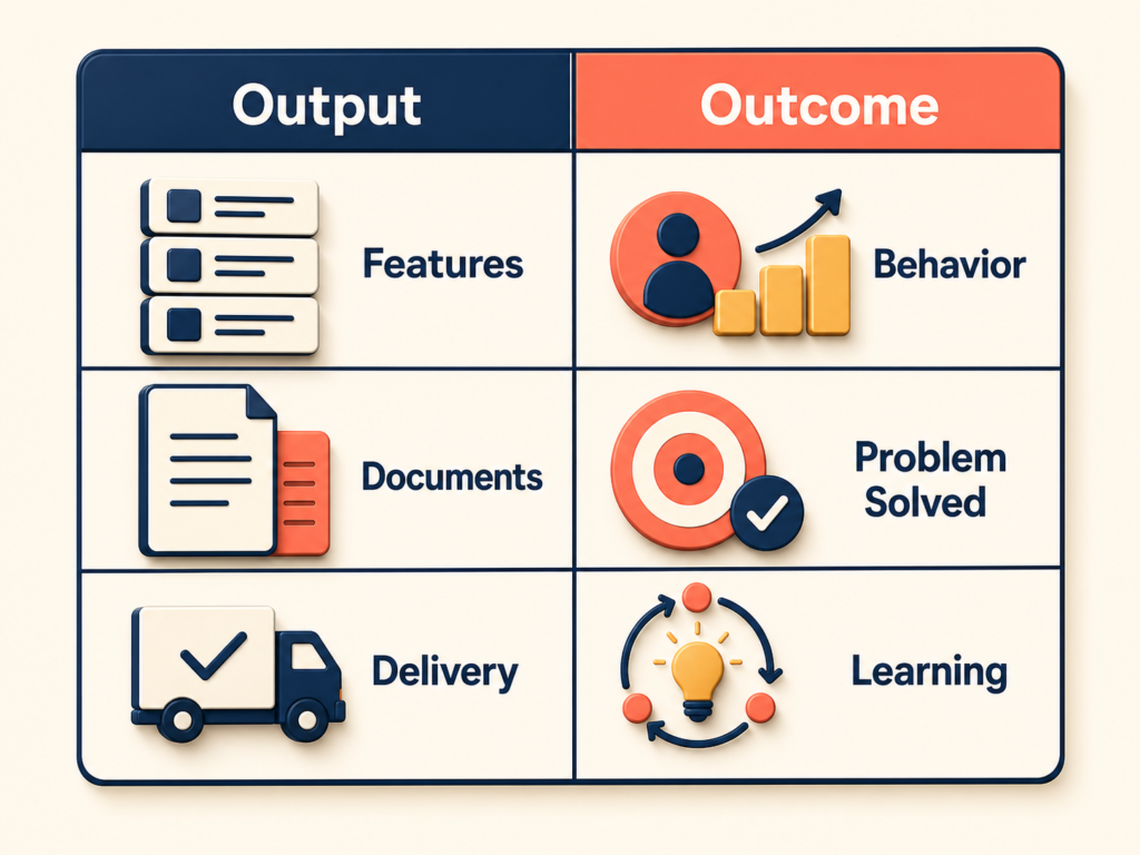 Output and outcome comparison for user story mapping