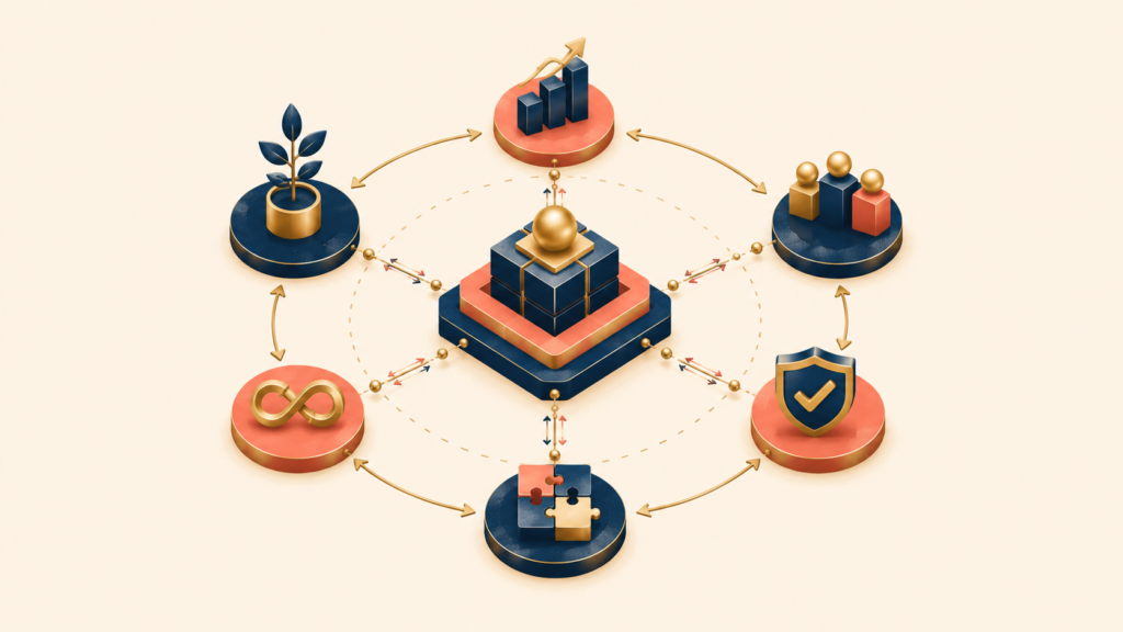 Six interconnected growth principles supporting sustainable product scaling