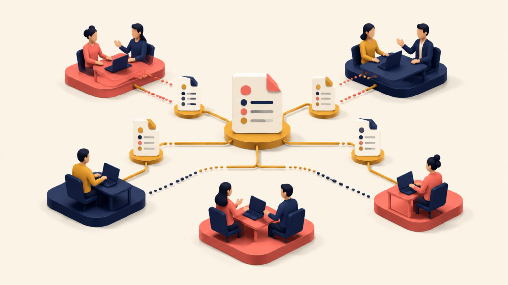 Collaborative sharing flow showing viral exposure through shared meeting artifacts