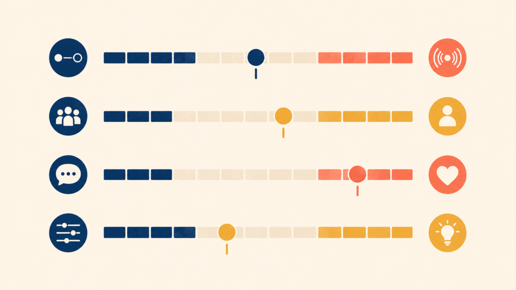 Four communication spectrums representing humor, formality, directness, and enthusiasm