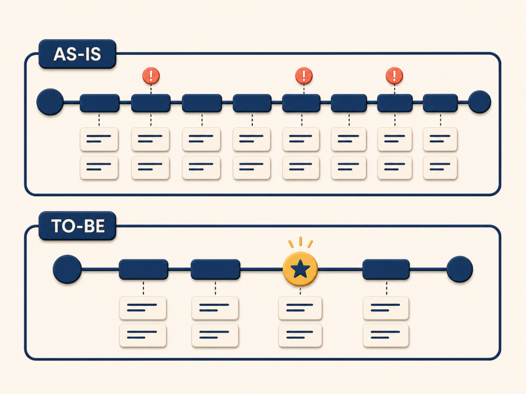 AS-IS and TO-BE journeys showing friction and improvement