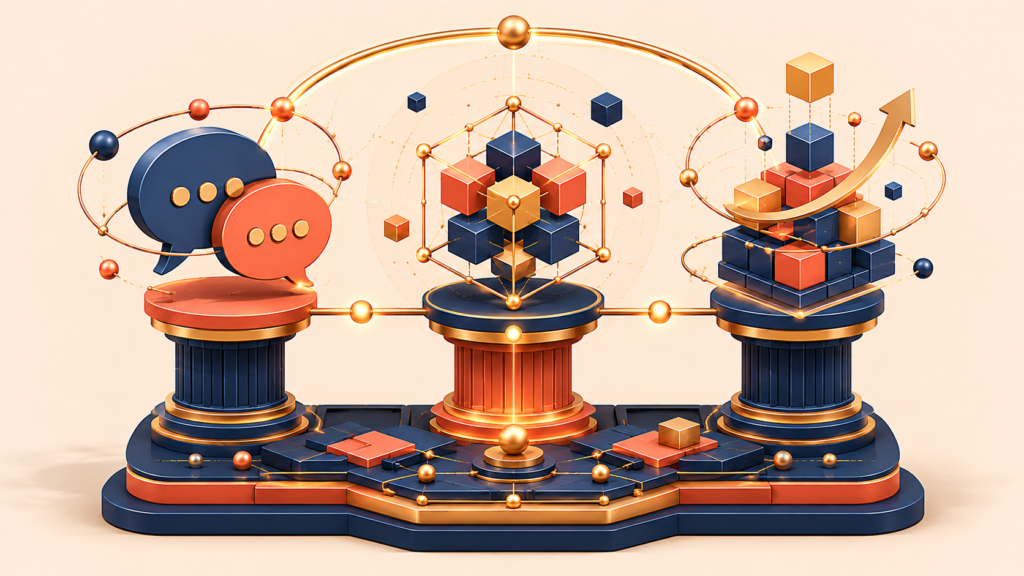 Three connected structures representing language business rules and scalability