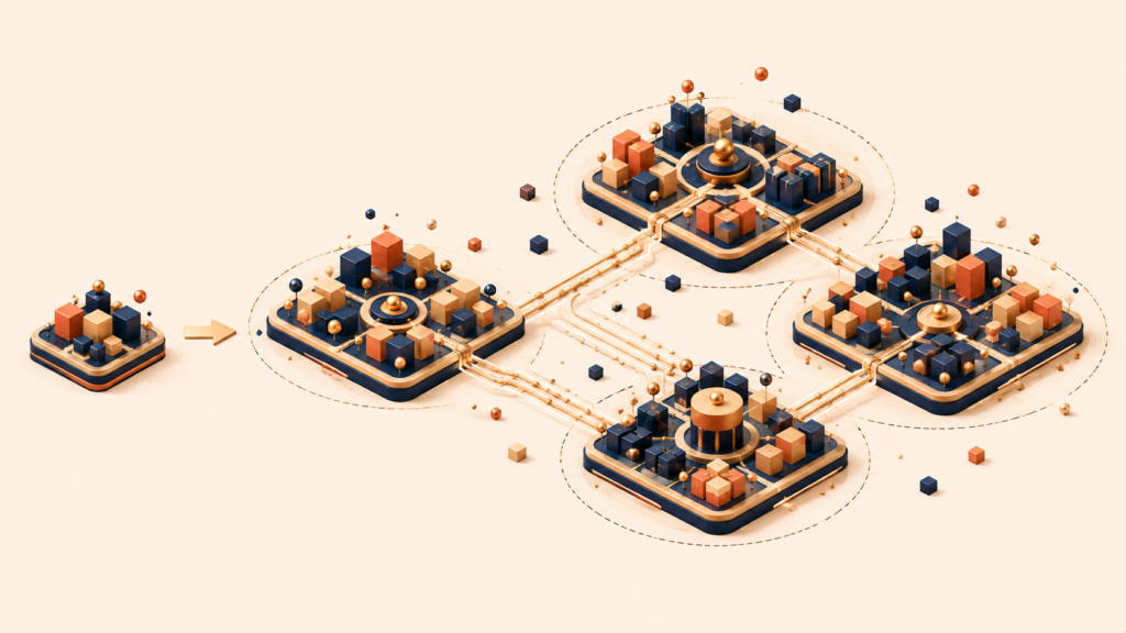 Expanding modular zones representing conceptual scalability in growing products