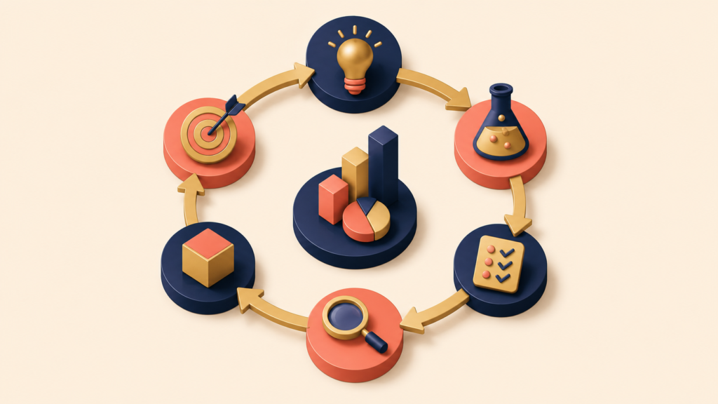 Circular experimentation loop showing hypothesis testing and iterative decision-making