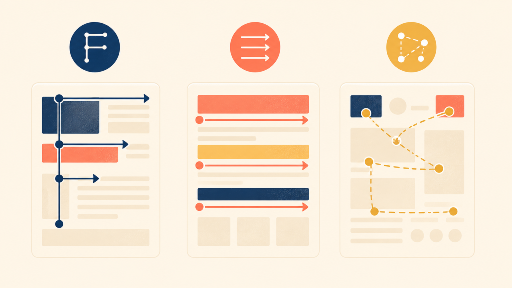 Three visual reading patterns showing how users scan digital interfaces